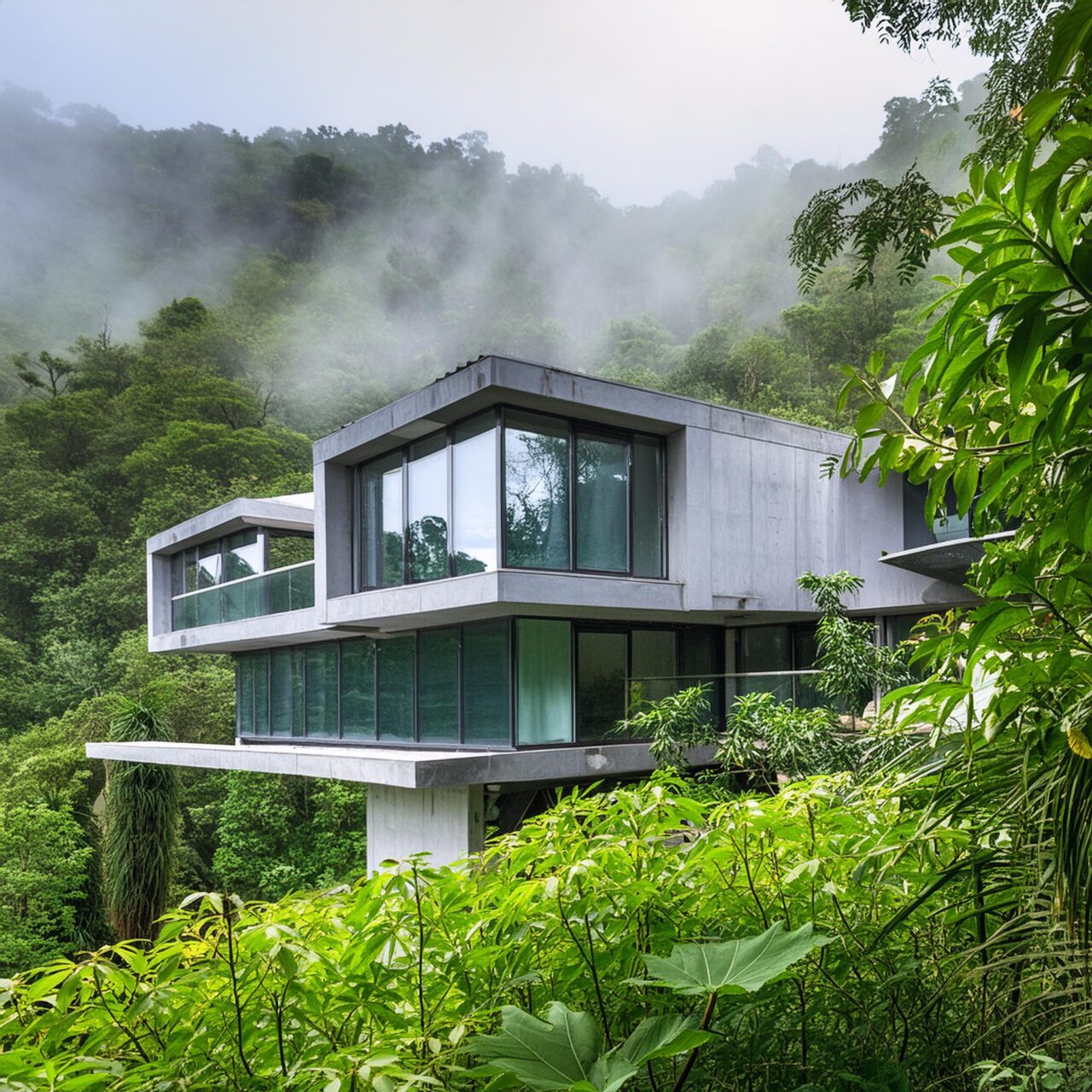 the same prompt for architecture in ai showing the house in the jungle